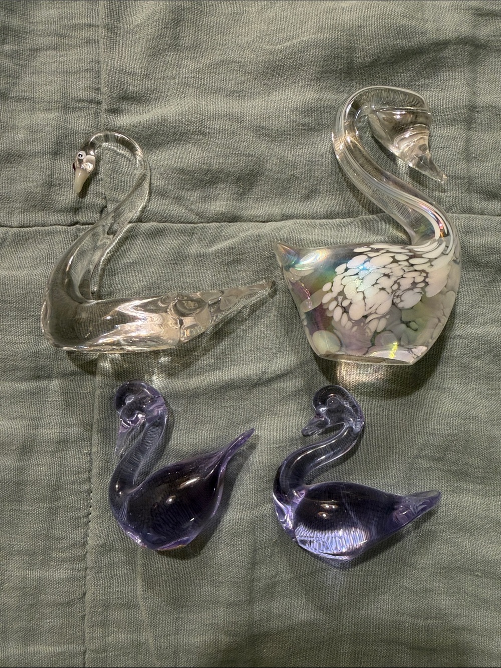Set of 4 Art Glass Swan Figurines - Clear, Iridescent White & Purple